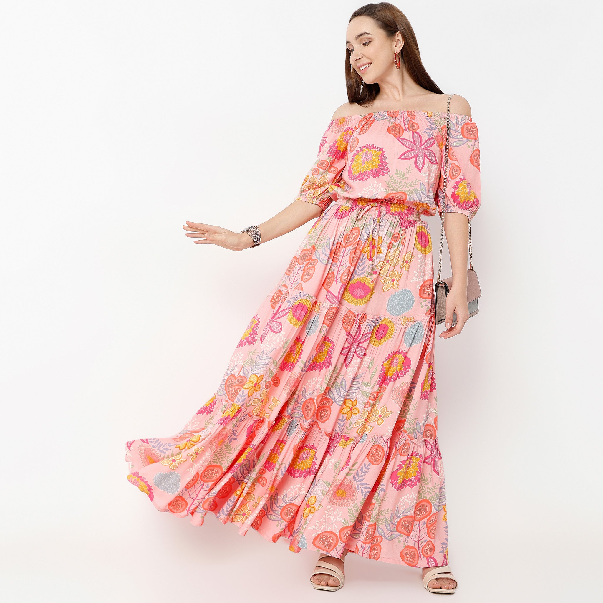 Flare Fit Printed Full Length Mid Rise Skirt