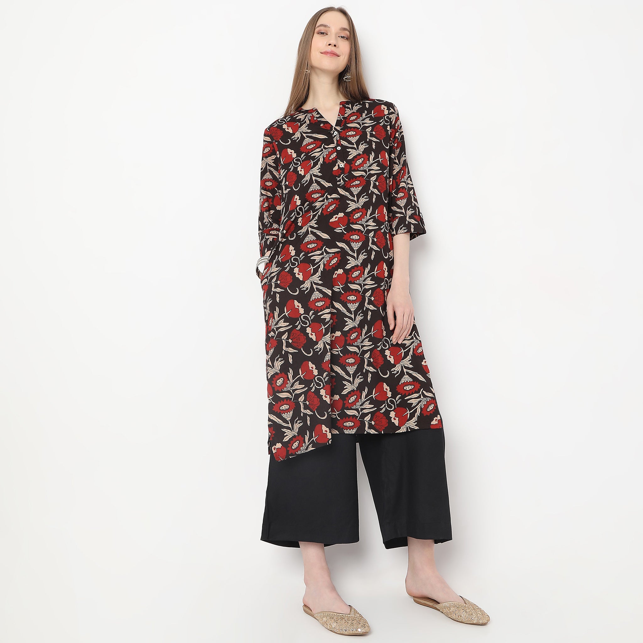 Flare Fit Calf Length High Rise Pants