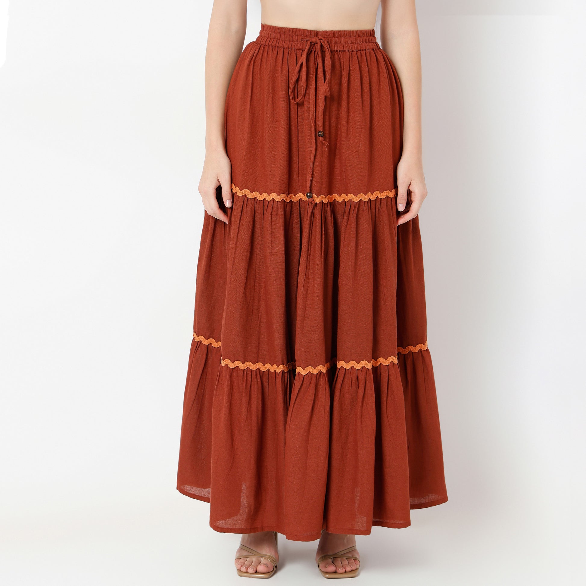 Flare Fit Solid Full Length Mid Rise Skirt