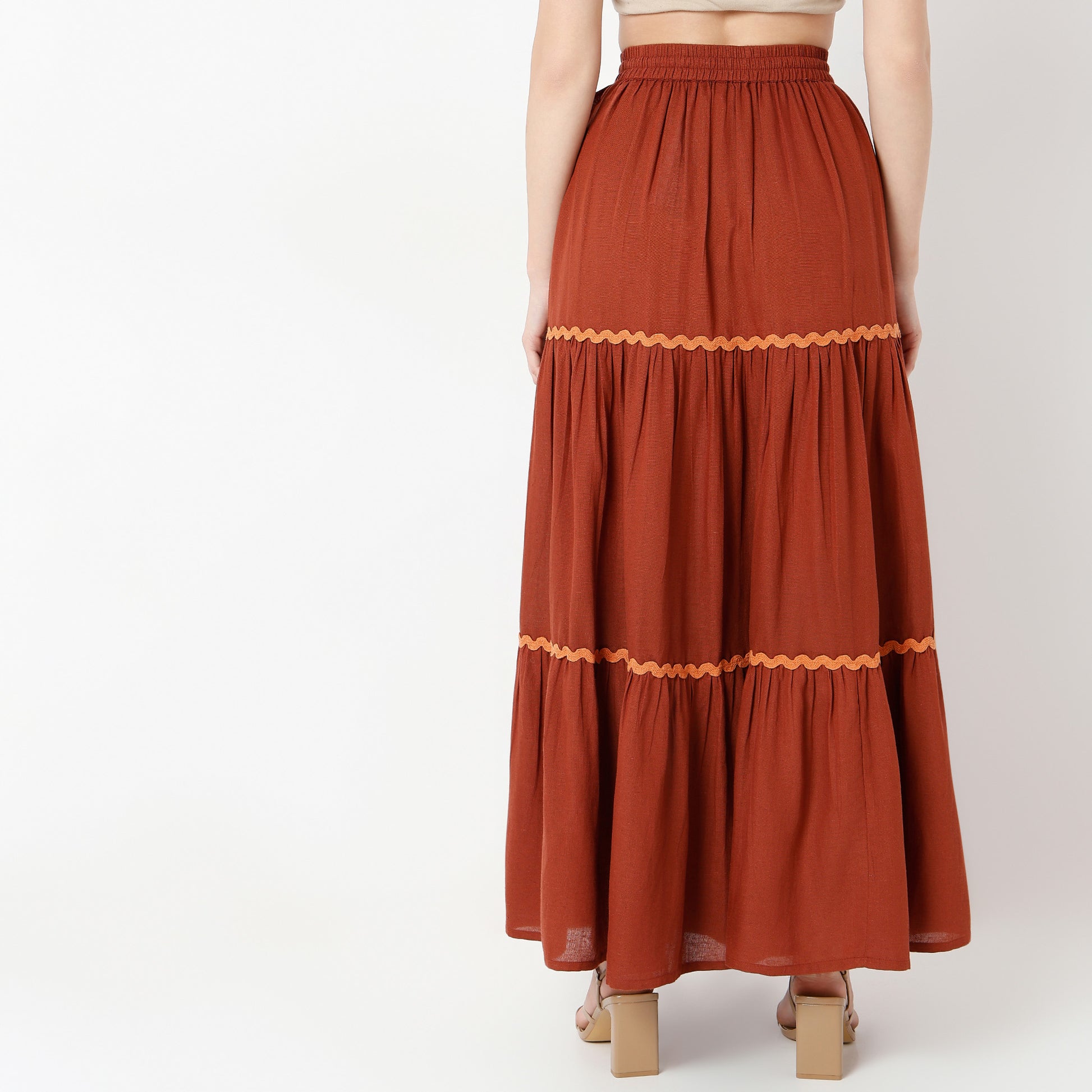 Flare Fit Solid Full Length Mid Rise Skirt