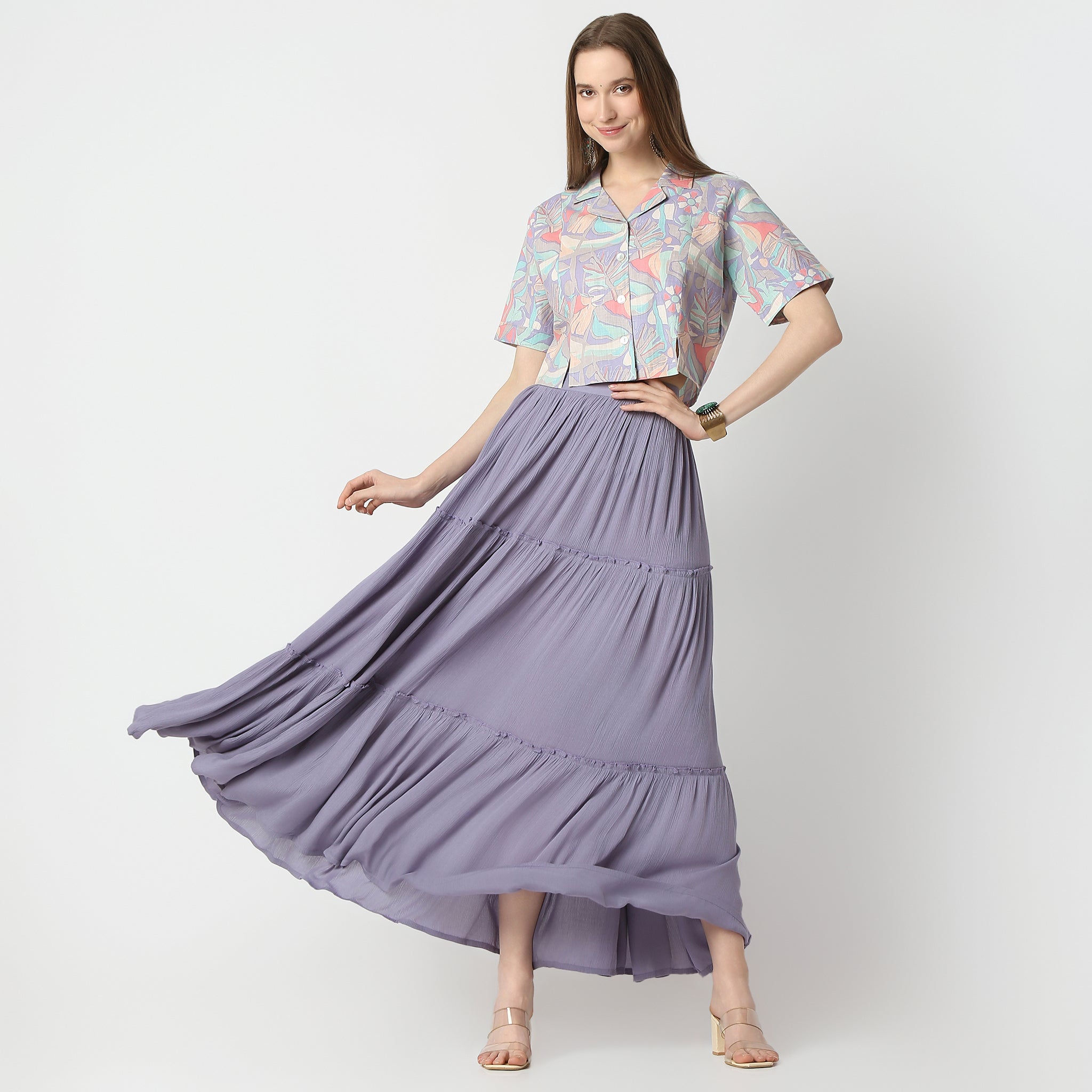 Flare Fit Solid High Rise Skirt