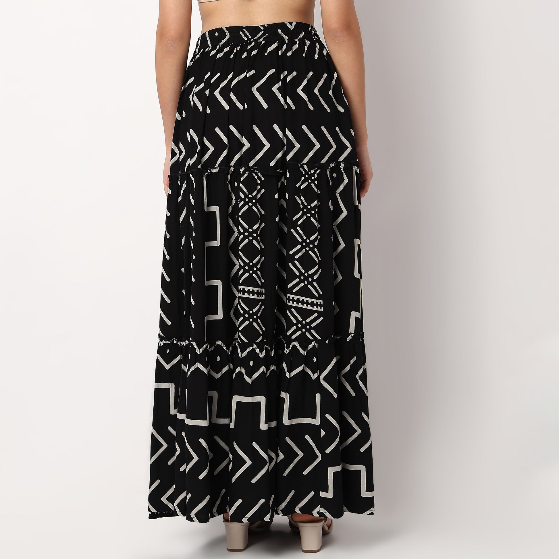 Woven Printed Flared Tiered Skirt
