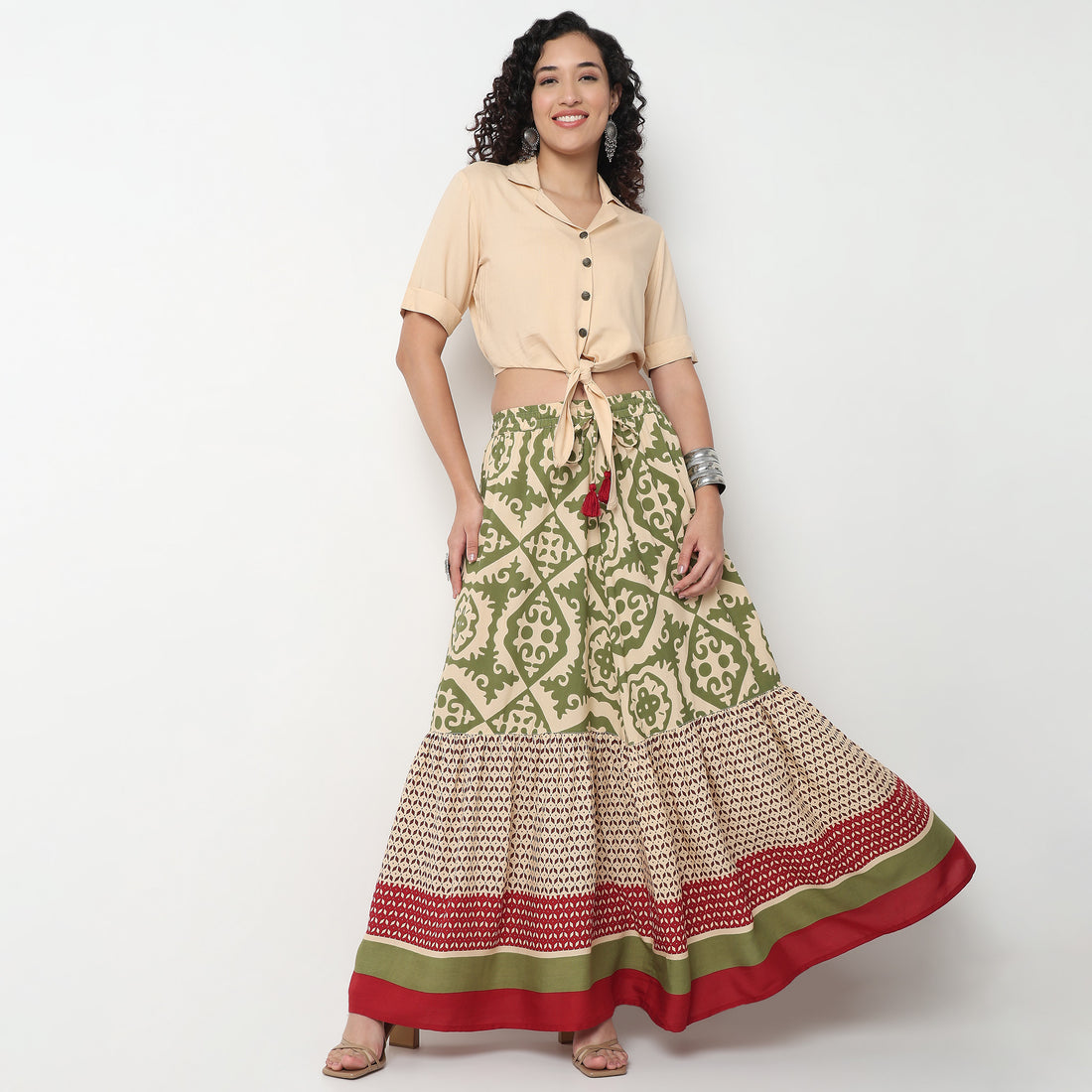 Flare Fit High Rise Tiered Skirt