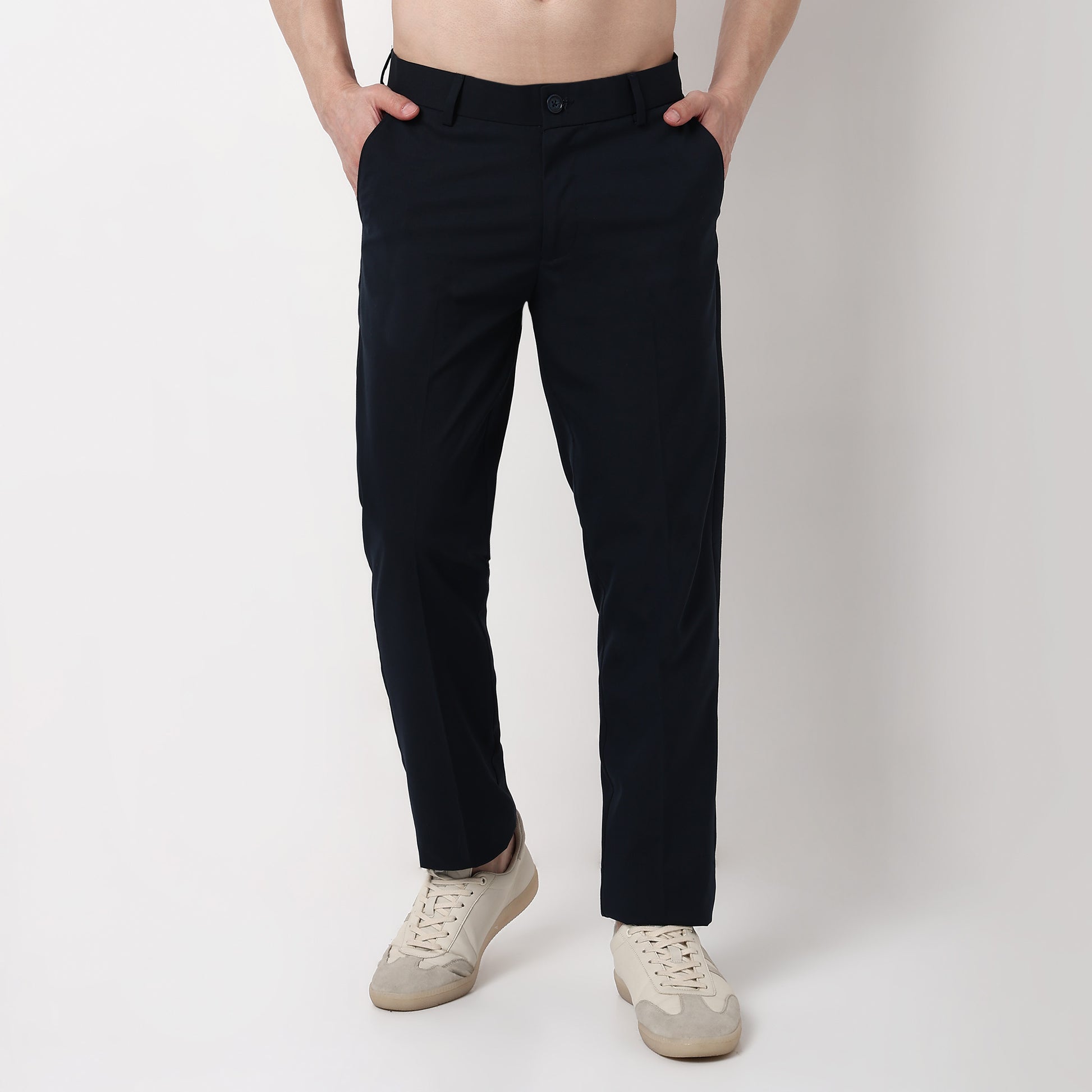 Regular Fit Solid Mid Rise Trousers