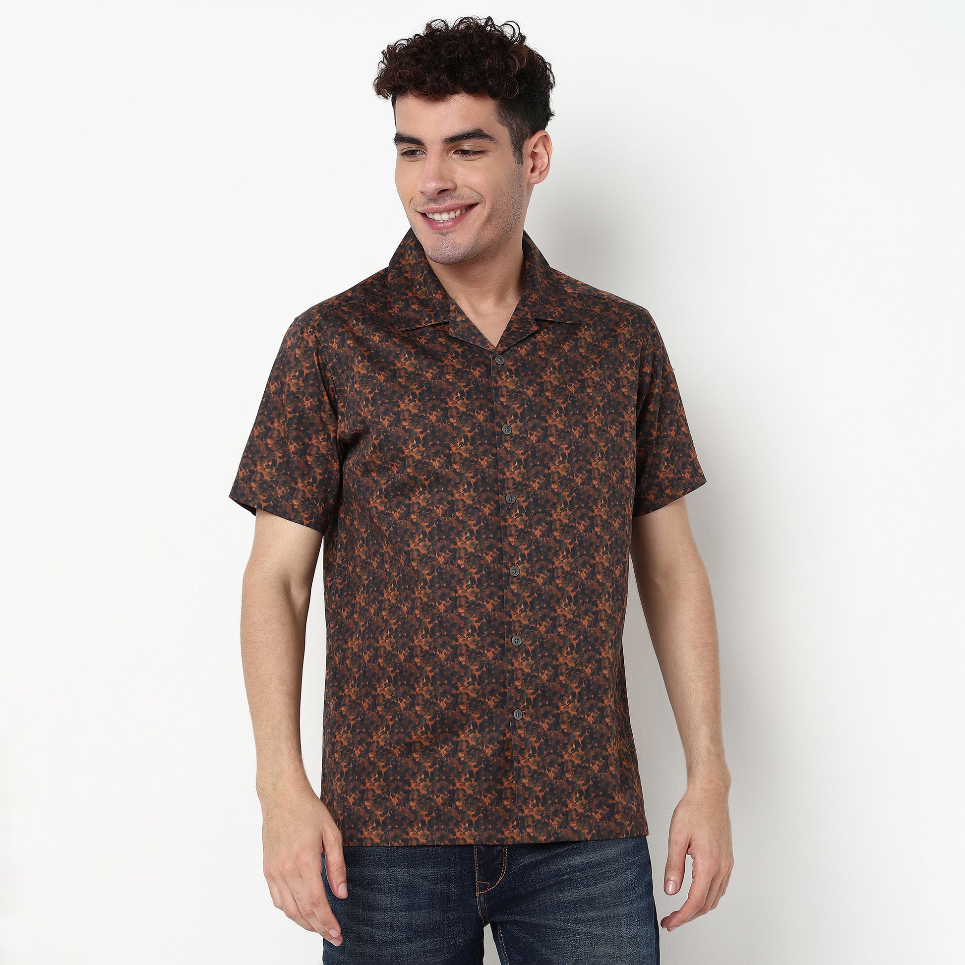 Printed Polyester Camp Collar Shirt