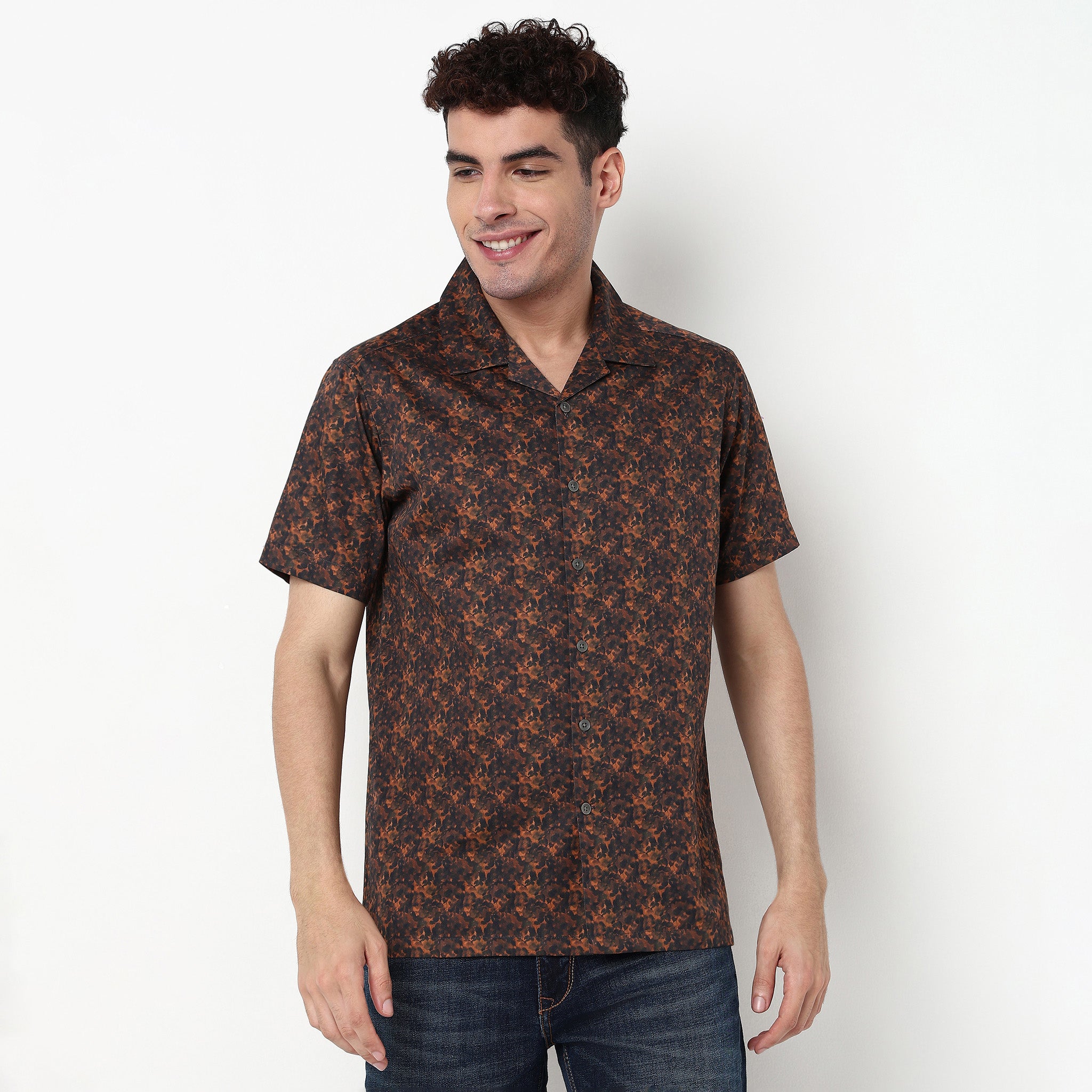 Printed Polyester Camp Collar Shirt