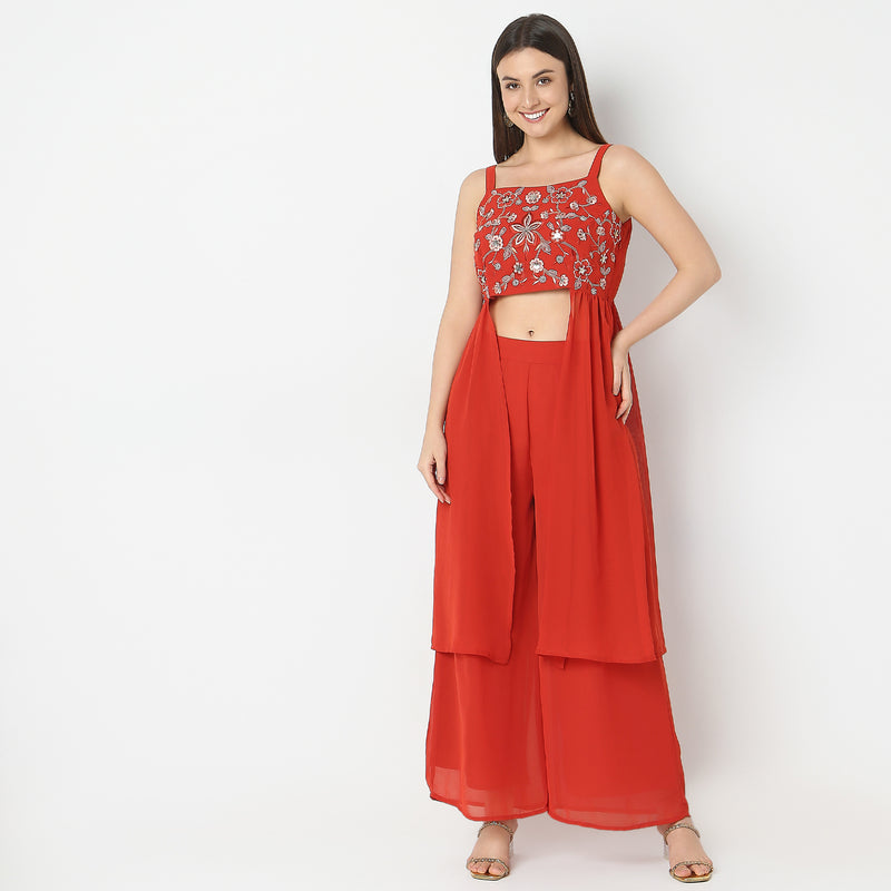 Regular Fit Embroidered Top with Palazzo Set