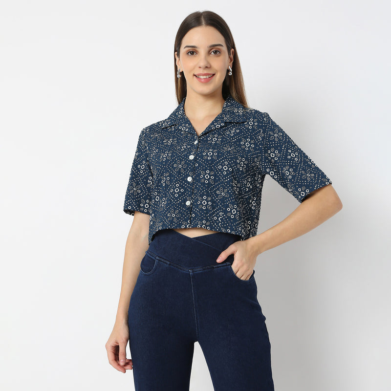 Straight Fit Bandhani Glam Camp Collar Printed Crop Top