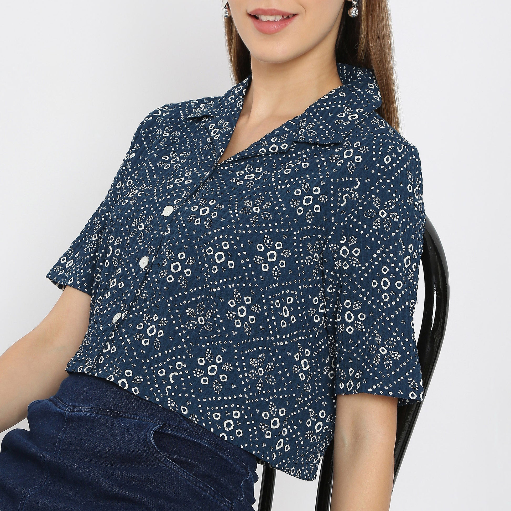 Straight Fit Bandhani Glam Camp Collar Printed Crop Top