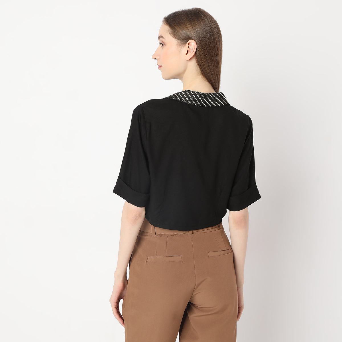 Solid Top with Embellished Collar Crop Top