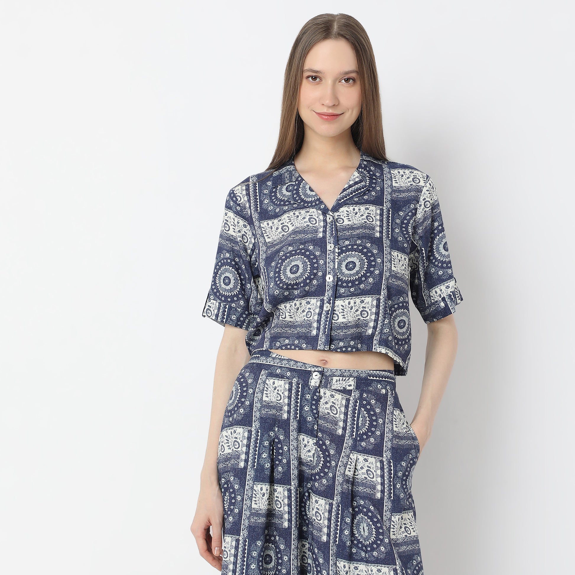 Abstract Print Camp Collar Crop Top