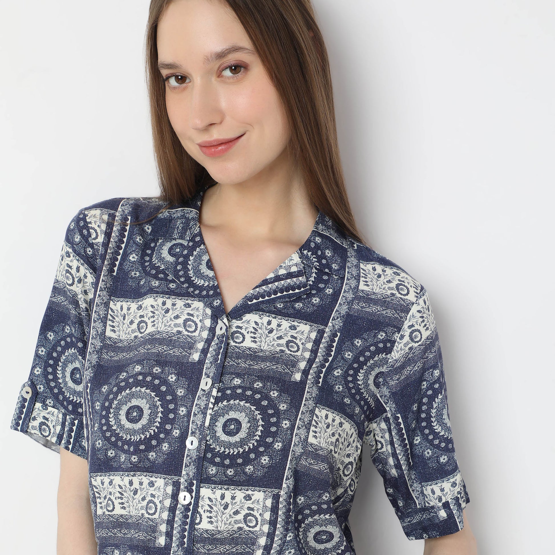 Abstract Print Camp Collar Crop Top