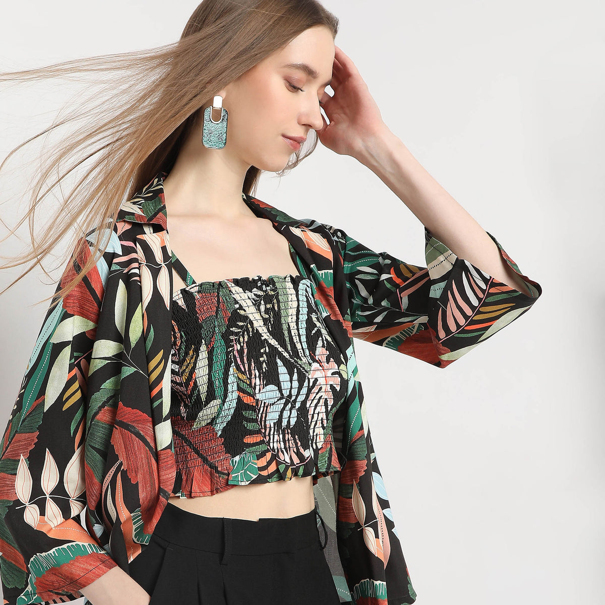 Straight Fit Printed Camp Collar Ruched Top