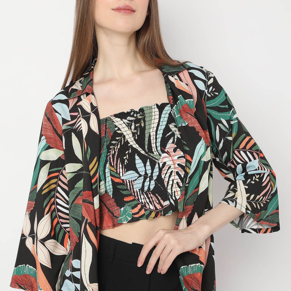 Straight Fit Printed Camp Collar Ruched Top