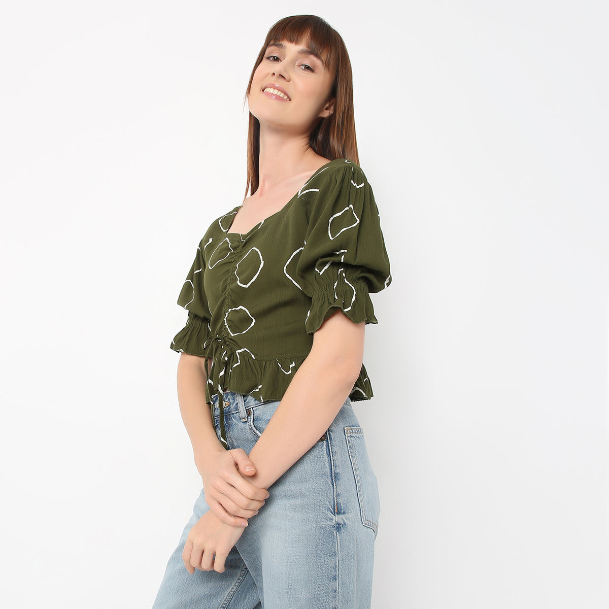 Regular Fit Printed Sweetheart Neck Crop Top