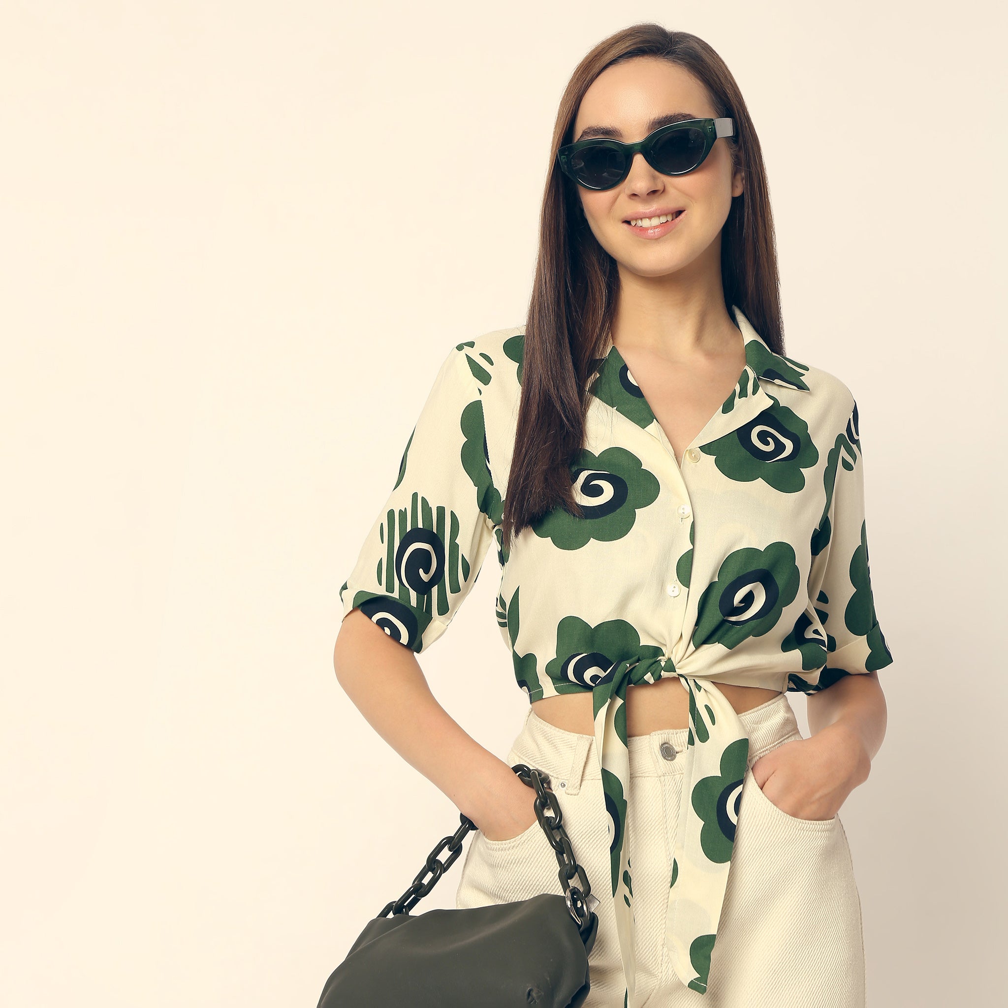 Regular Fit Printed Lapel Collar Crop Length Top Crop Top