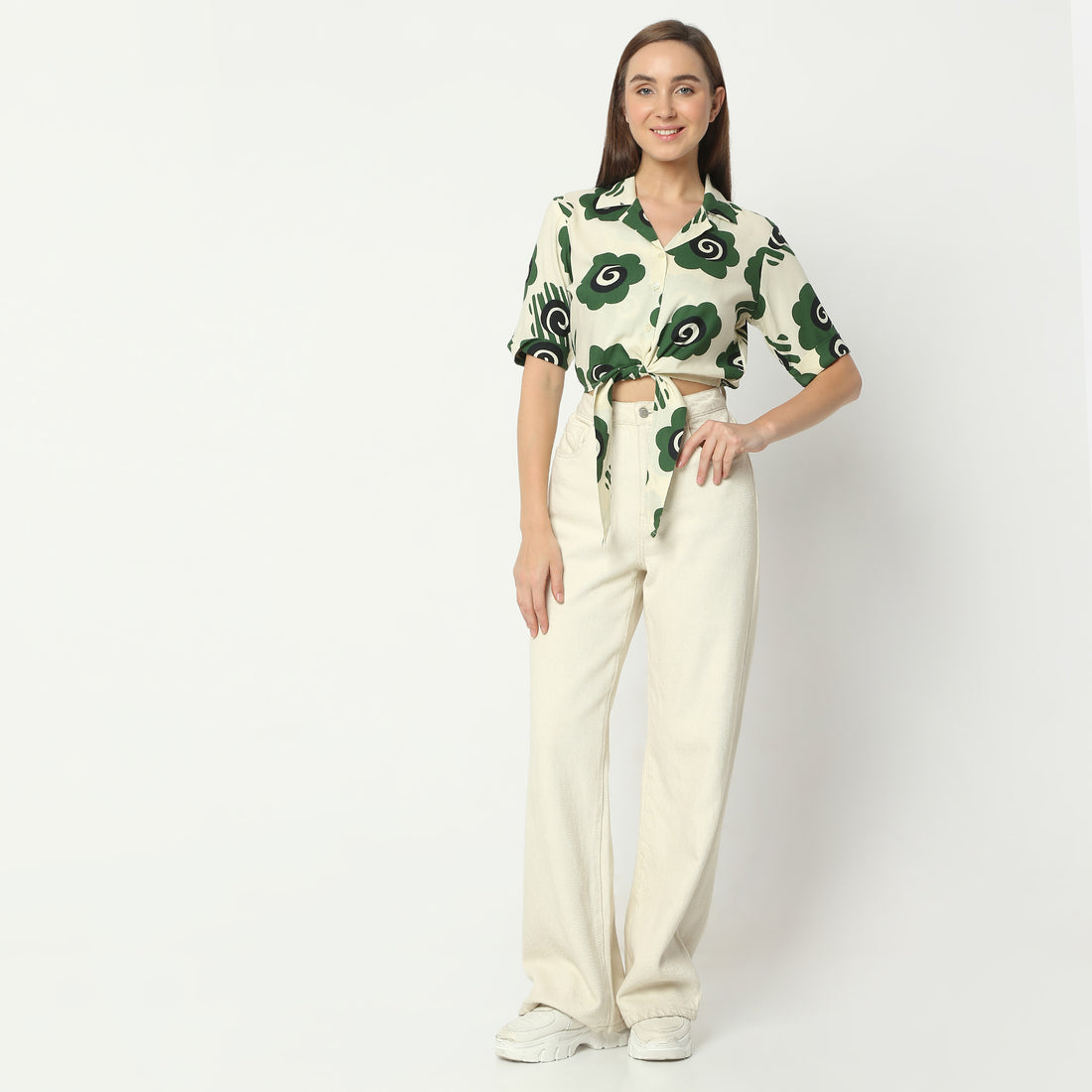 Regular Fit Printed Lapel Collar Crop Length Top Crop Top