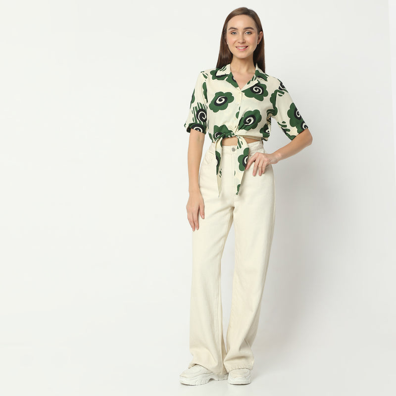 Regular Fit Printed Lapel Collar Crop Length Top Crop Top