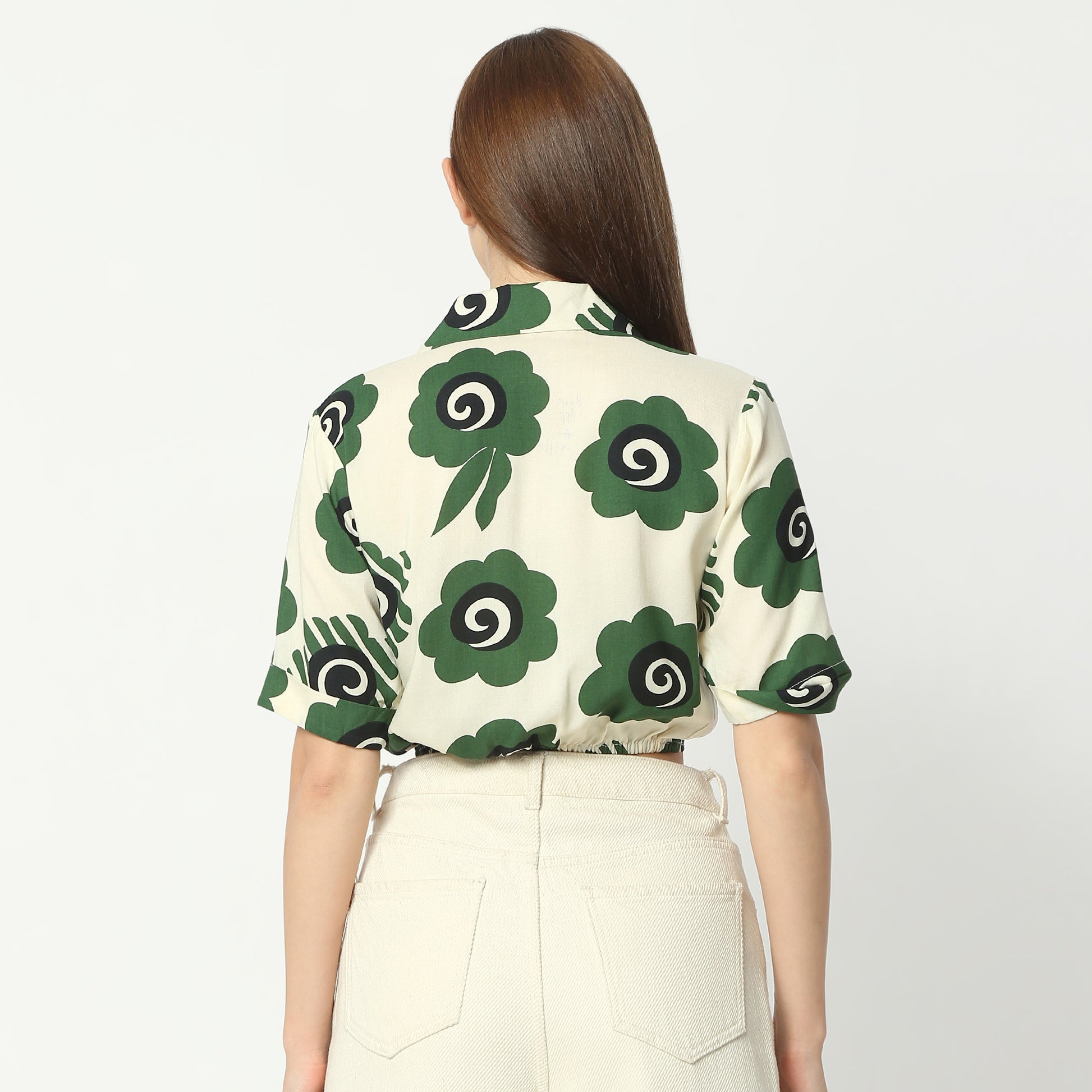 Regular Fit Printed Lapel Collar Crop Length Top Crop Top