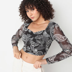 Slim Fit Printed Sweetheart Neck Crop Top