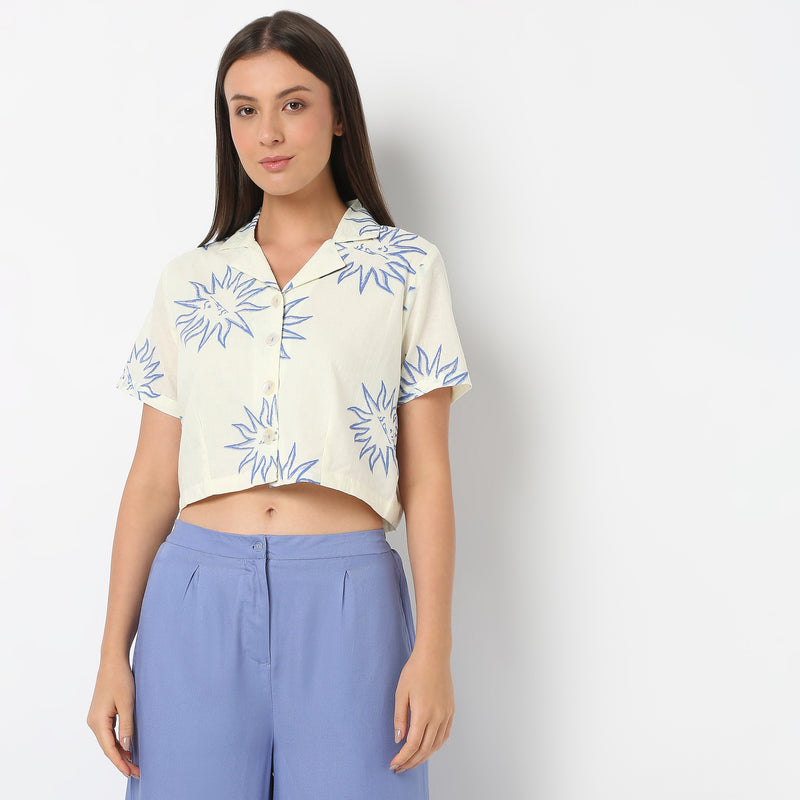 Lapel Collar Cropped Printed Boxy Fit Topwear