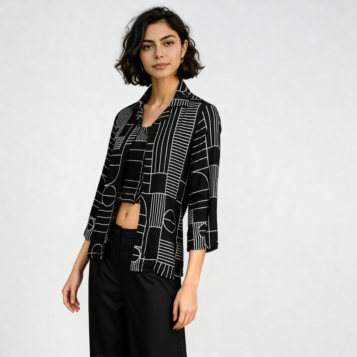 Square Neck Full Sleeve Straight Cut Printed Shrug
