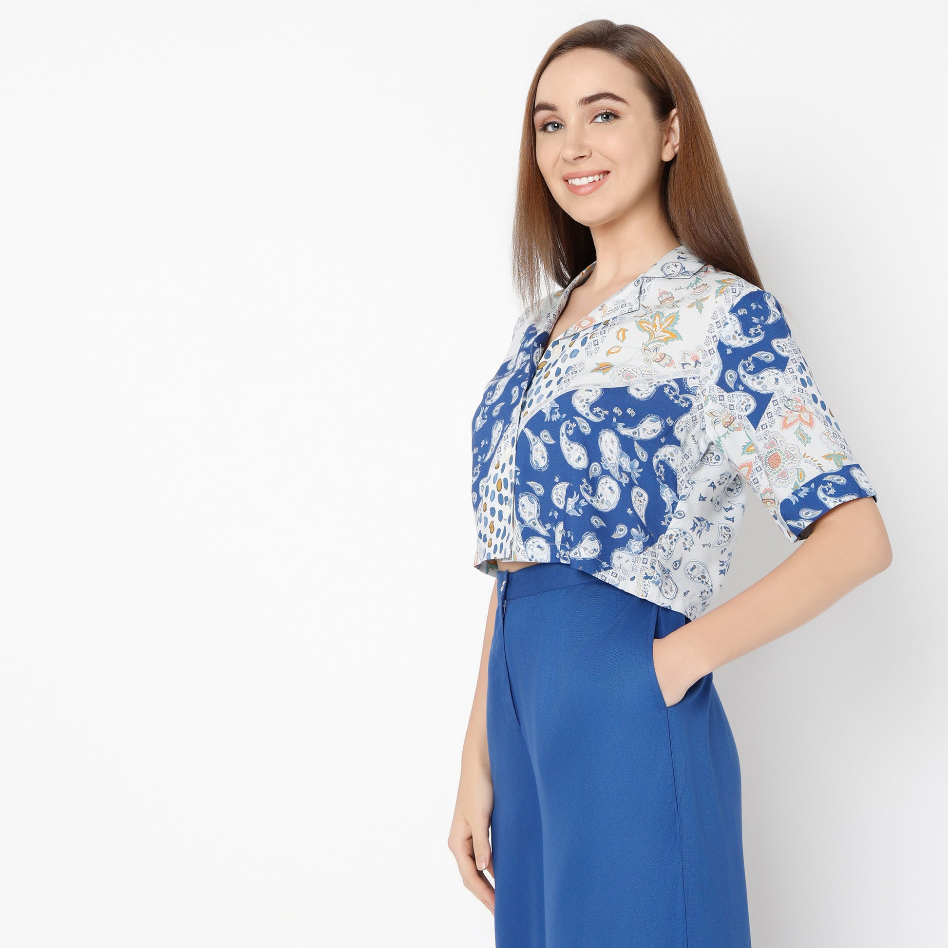 Printed Lapel Collar Straight Short Sleeve Crop Shirt