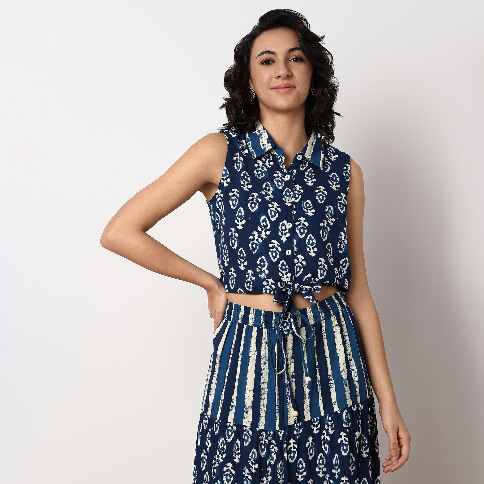 Tie-Up Sleeveless Camp Collar Crop Top