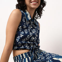 Tie-Up Sleeveless Camp Collar Crop Top