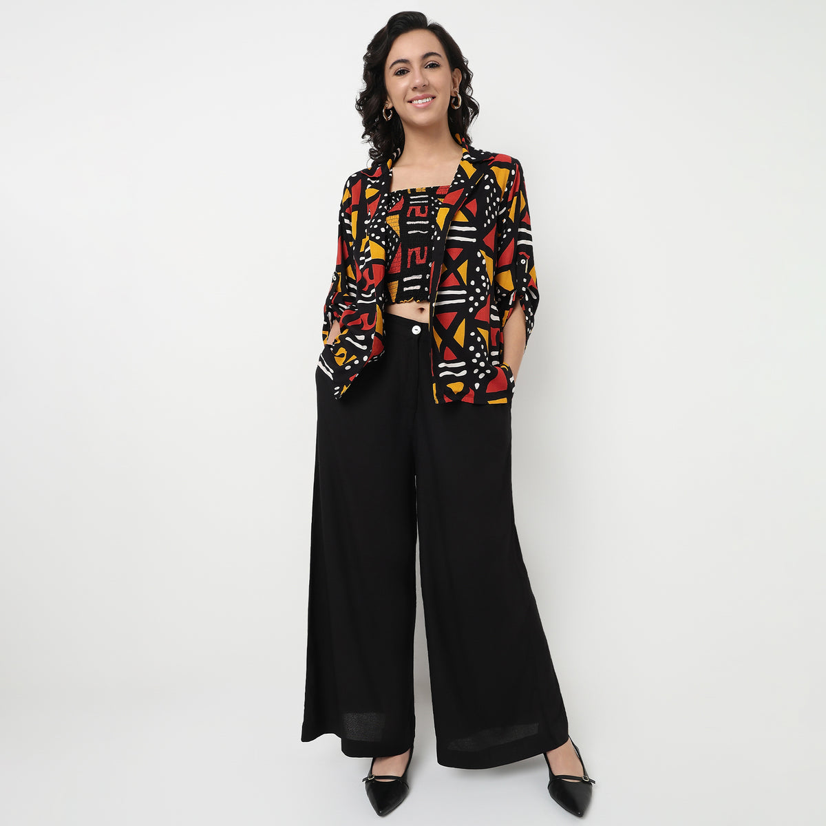 Order Now Women Print Lapel Collar Straight Regular Fit Ethnic Wear Shrug by Style Union