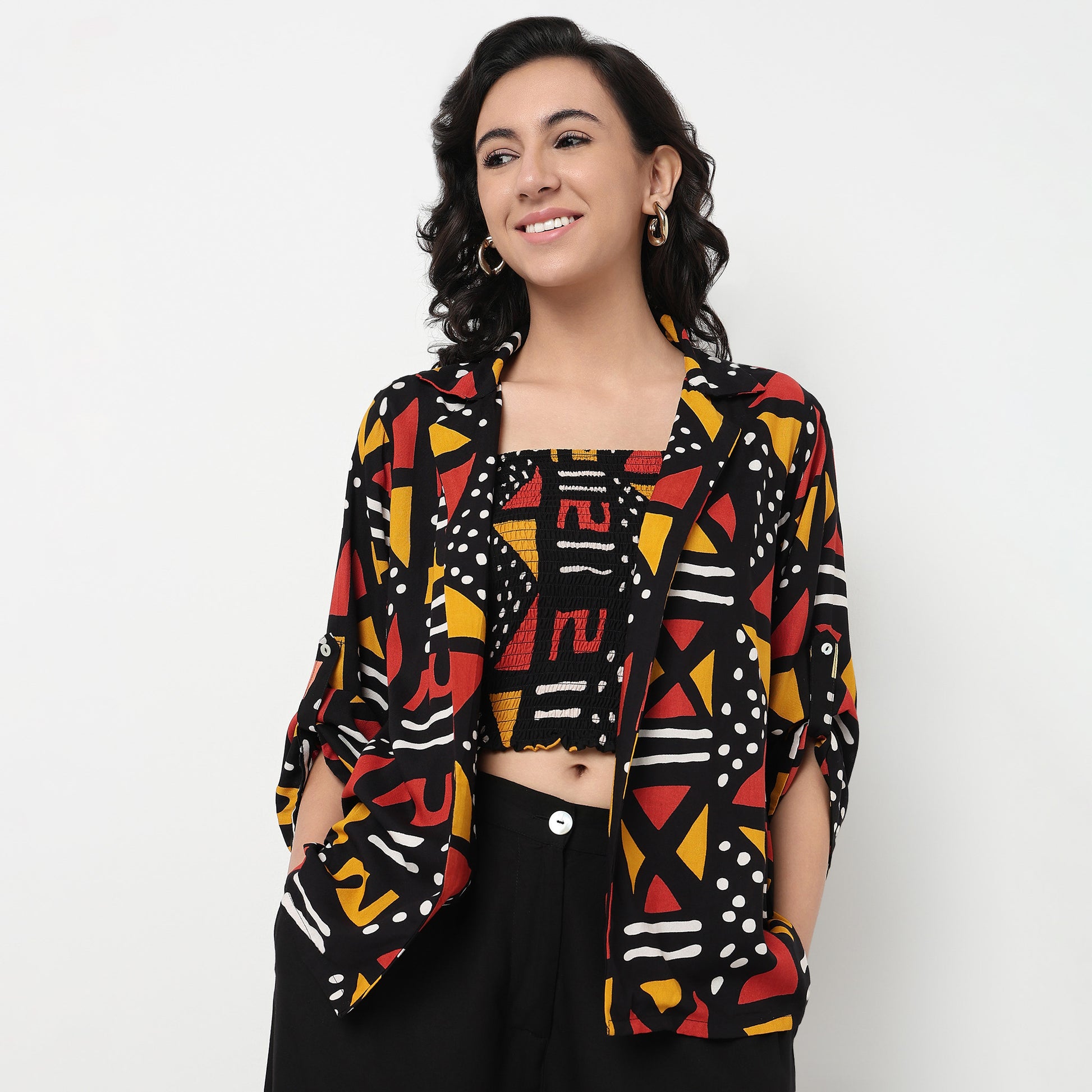 Order Now Women Print Lapel Collar Straight Regular Fit Ethnic Wear Shrug by Style Union