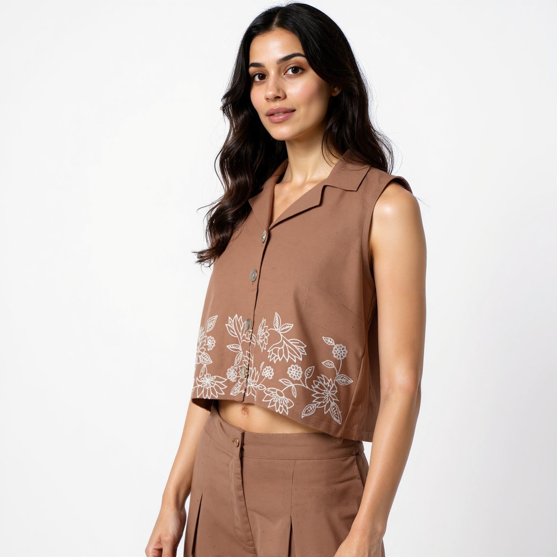 Lapel Collar Sleeveless Crop Top