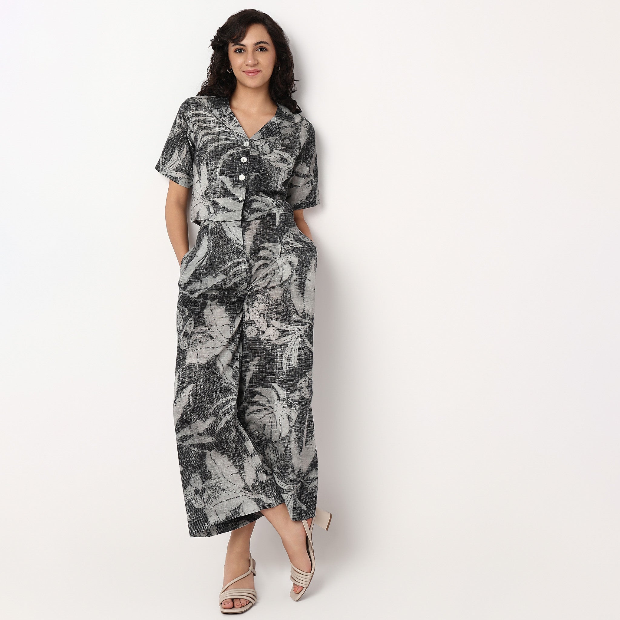 Printed Lapel Collar Straight Crop Top Shirt