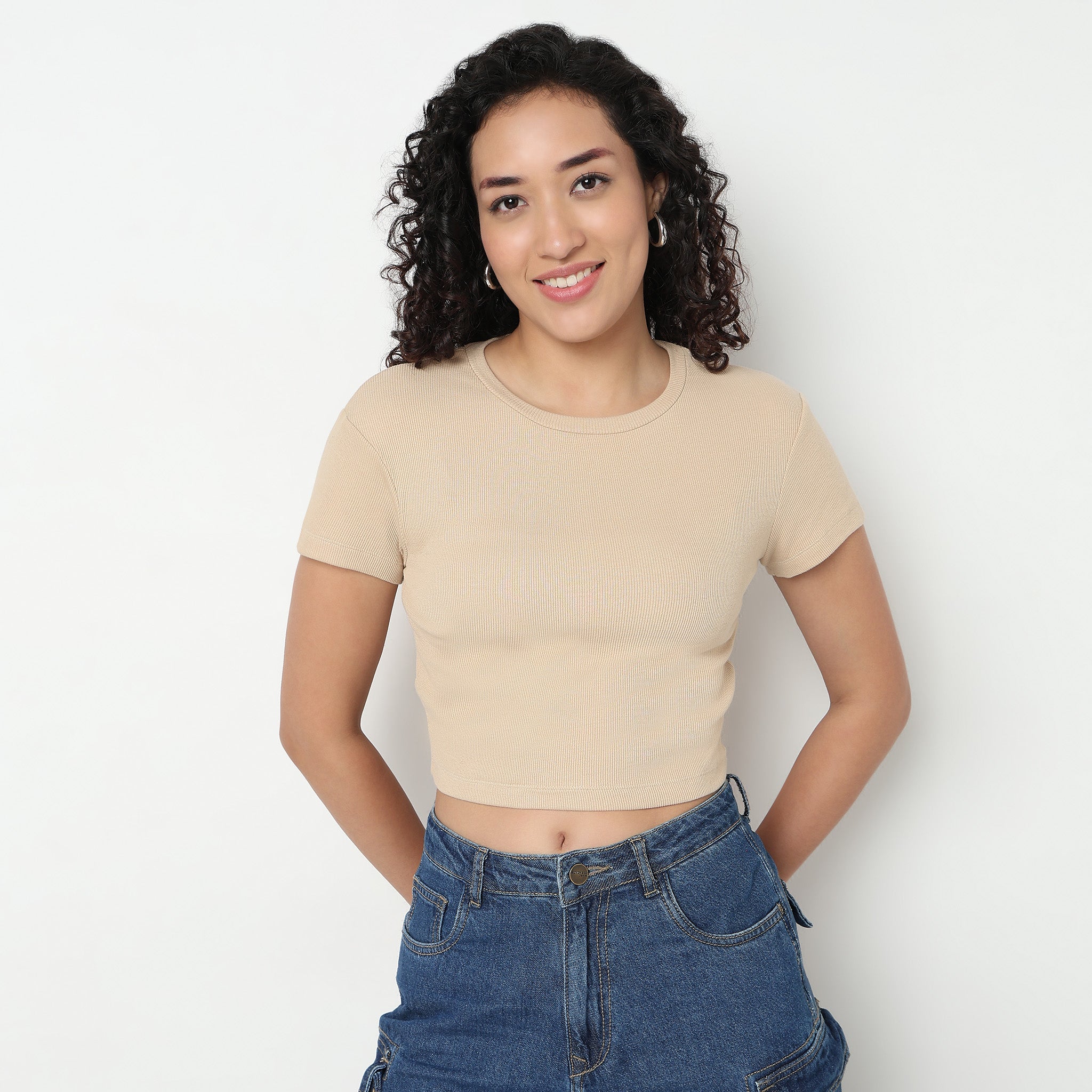 Buy Women Slim Fit Solid Cap Sleeve Crop Top  - Style Union