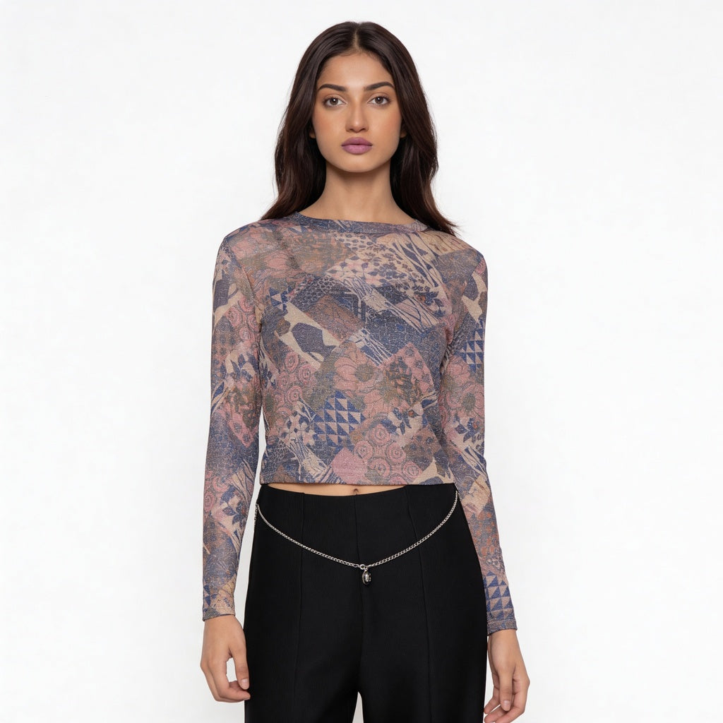 Printed Full Sleeve Crop Top