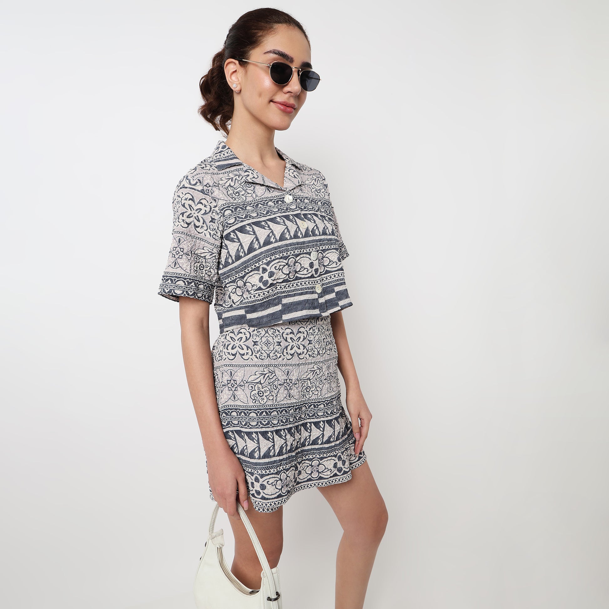 Lapel Collar Printed Crop Shirt