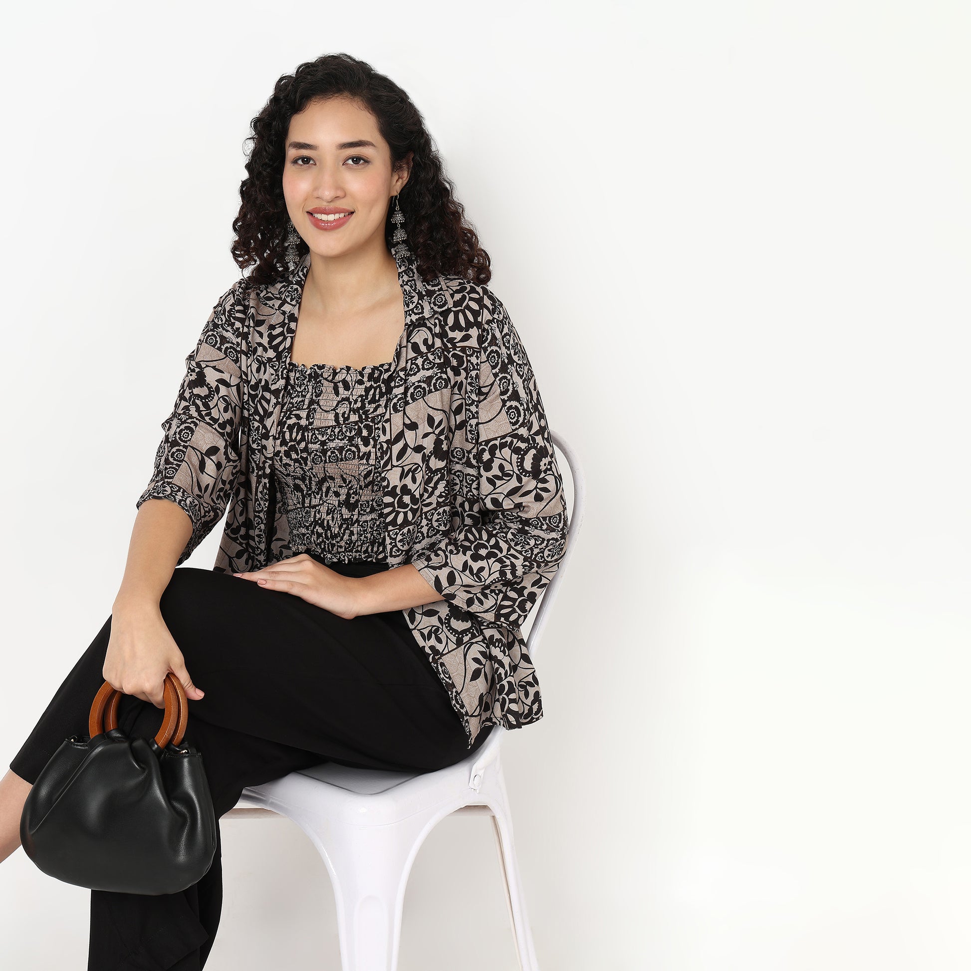 Smocked Crop Top With Lapel Collar Jacket Shrug