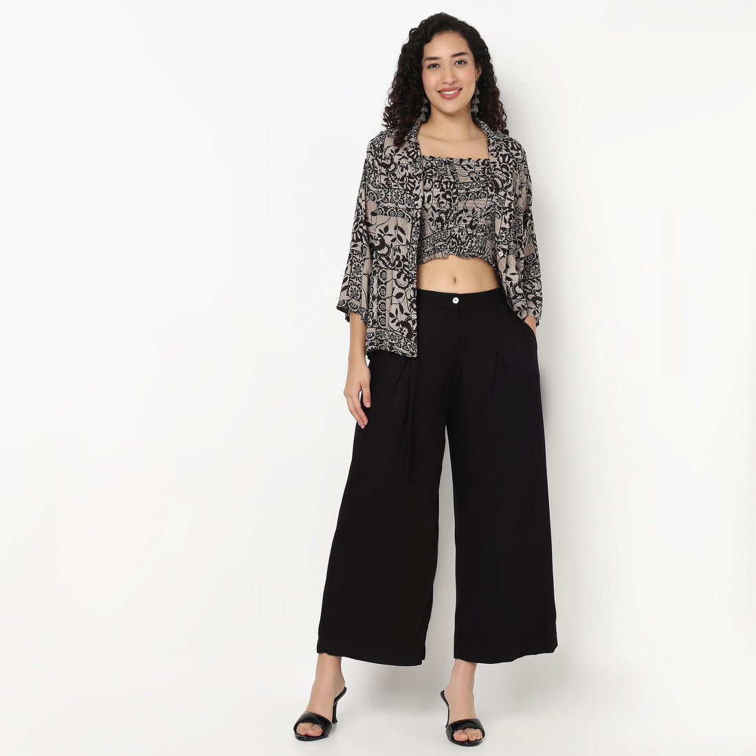 Smocked Crop Top With Lapel Collar Jacket Shrug