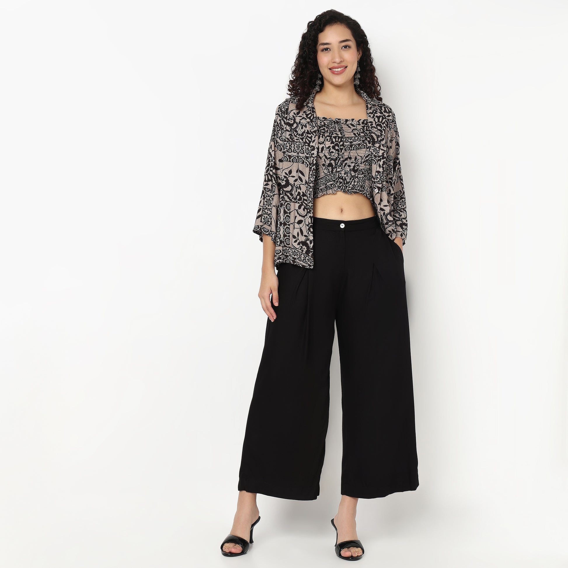 Smocked Crop Top With Lapel Collar Jacket Shrug