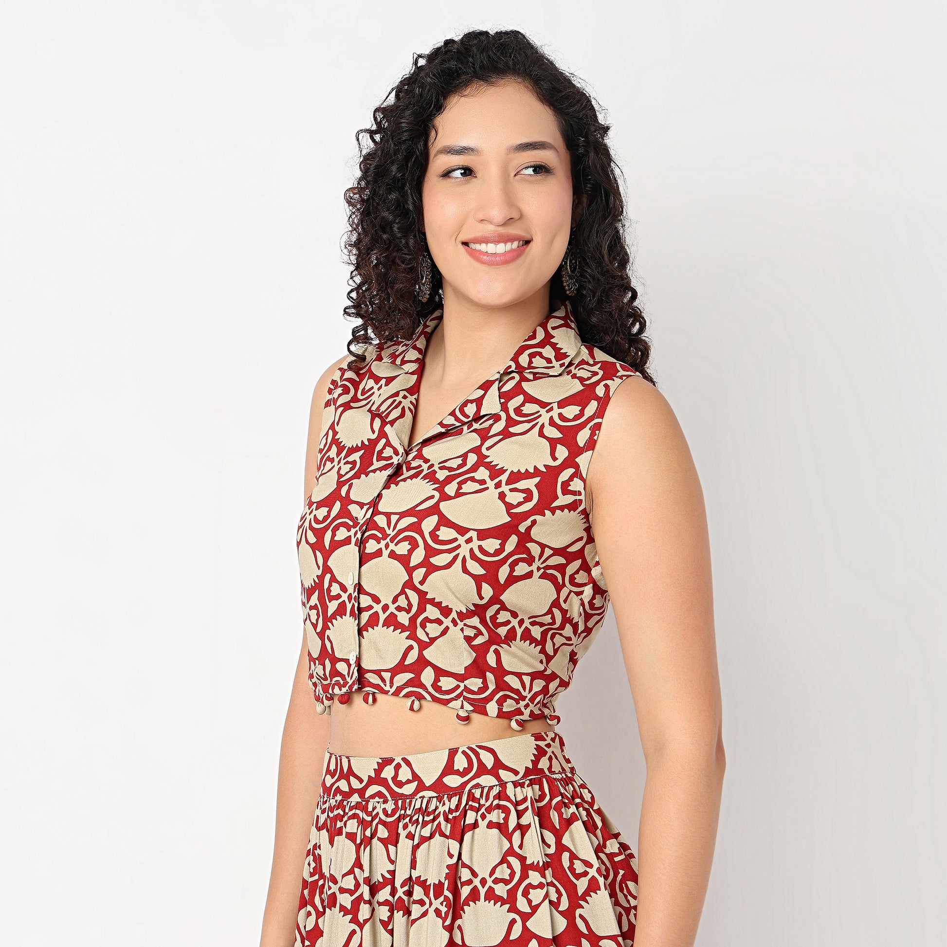 Printed Lapel Collar Crop Top