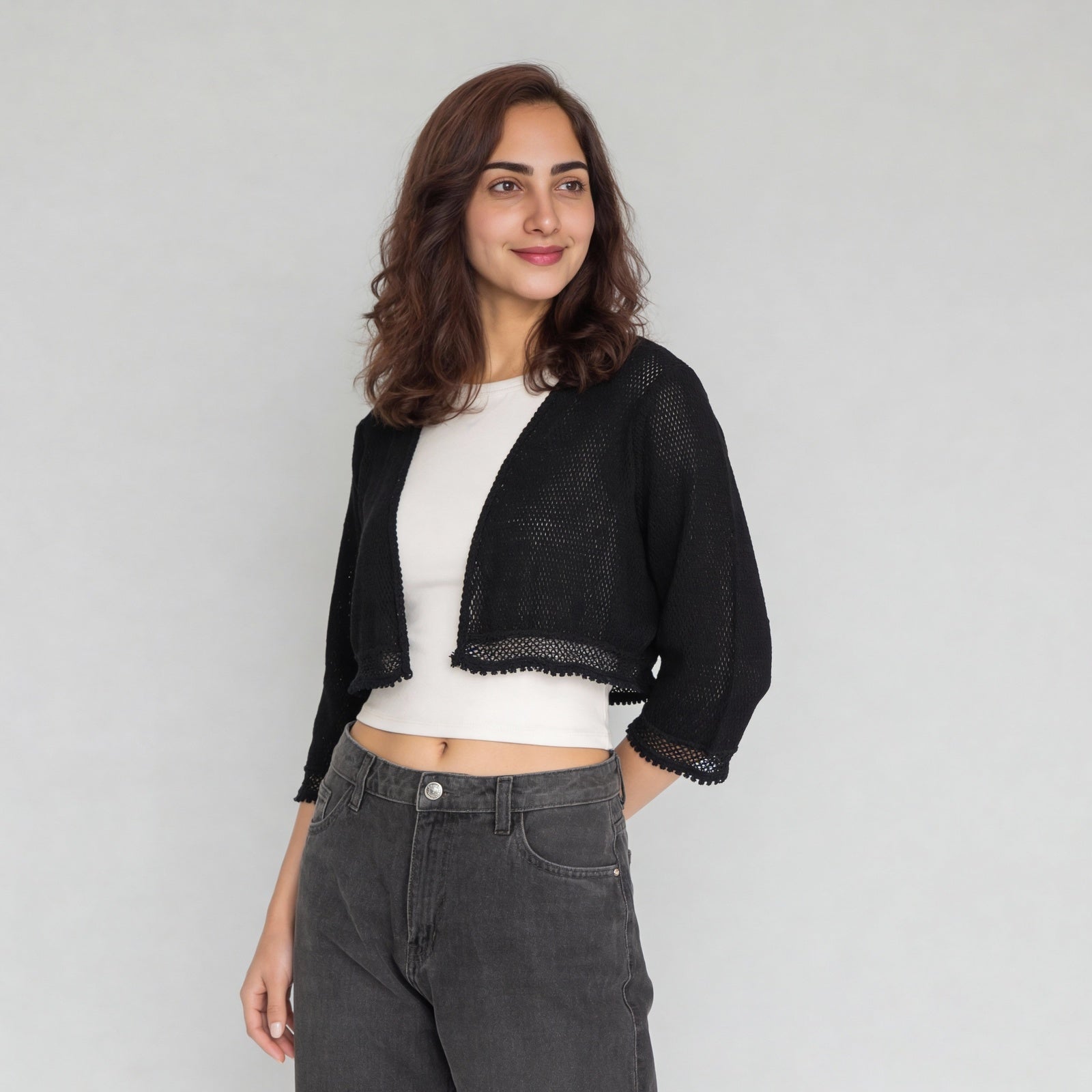 Cotton Lace Three-Fourth Sleeve Shrug