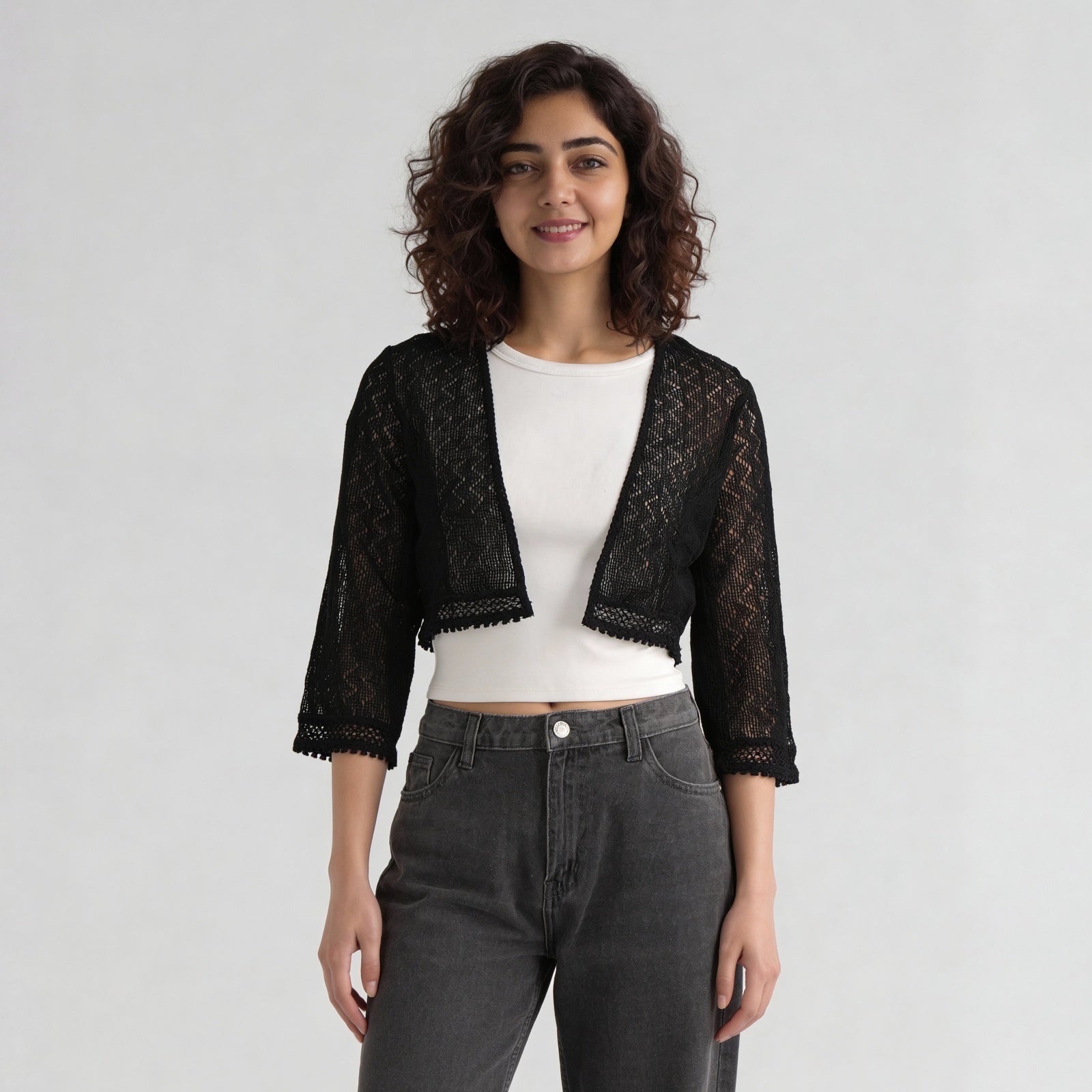 Cotton Lace Three-Fourth Sleeve Shrug