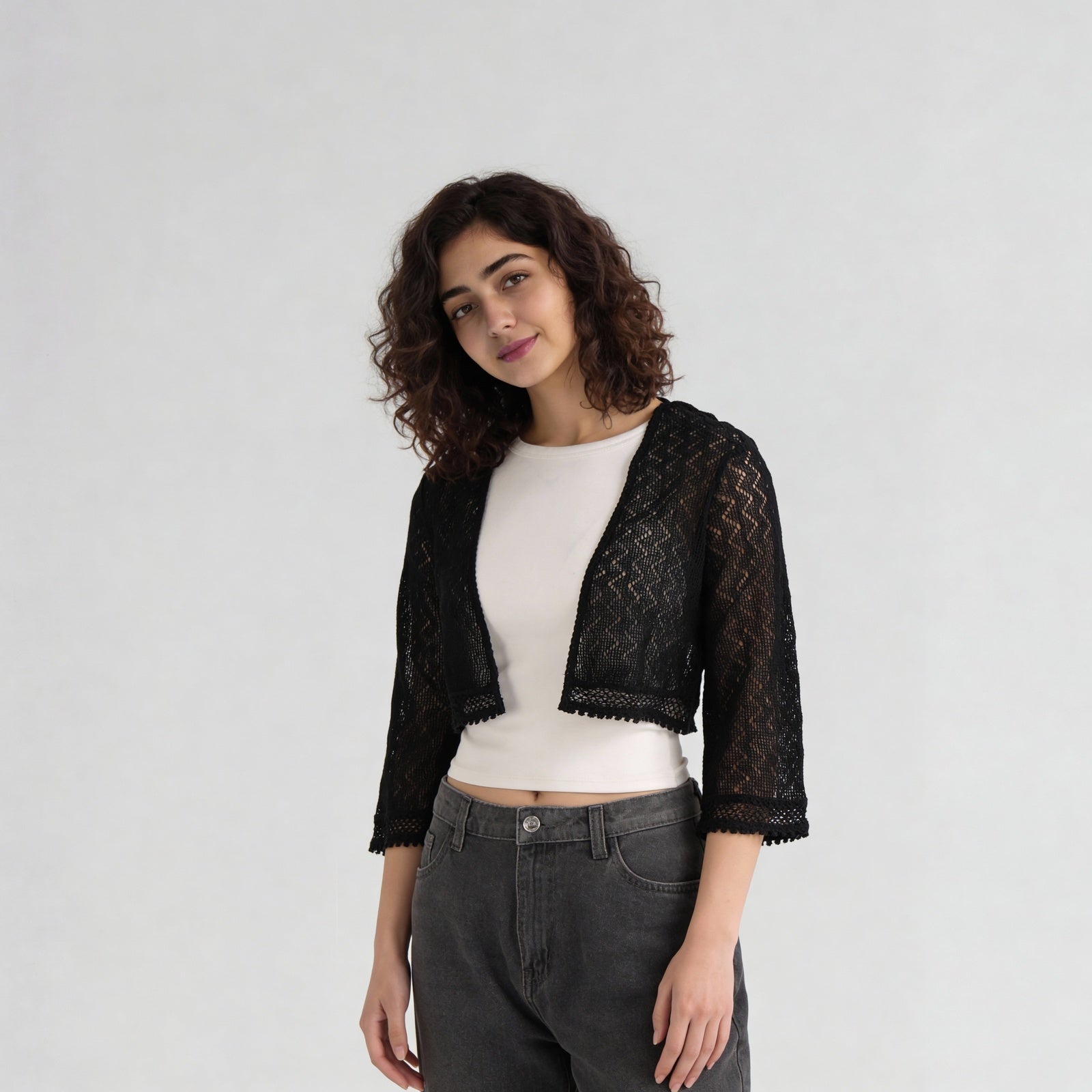 Cotton Lace Three-Fourth Sleeve Shrug
