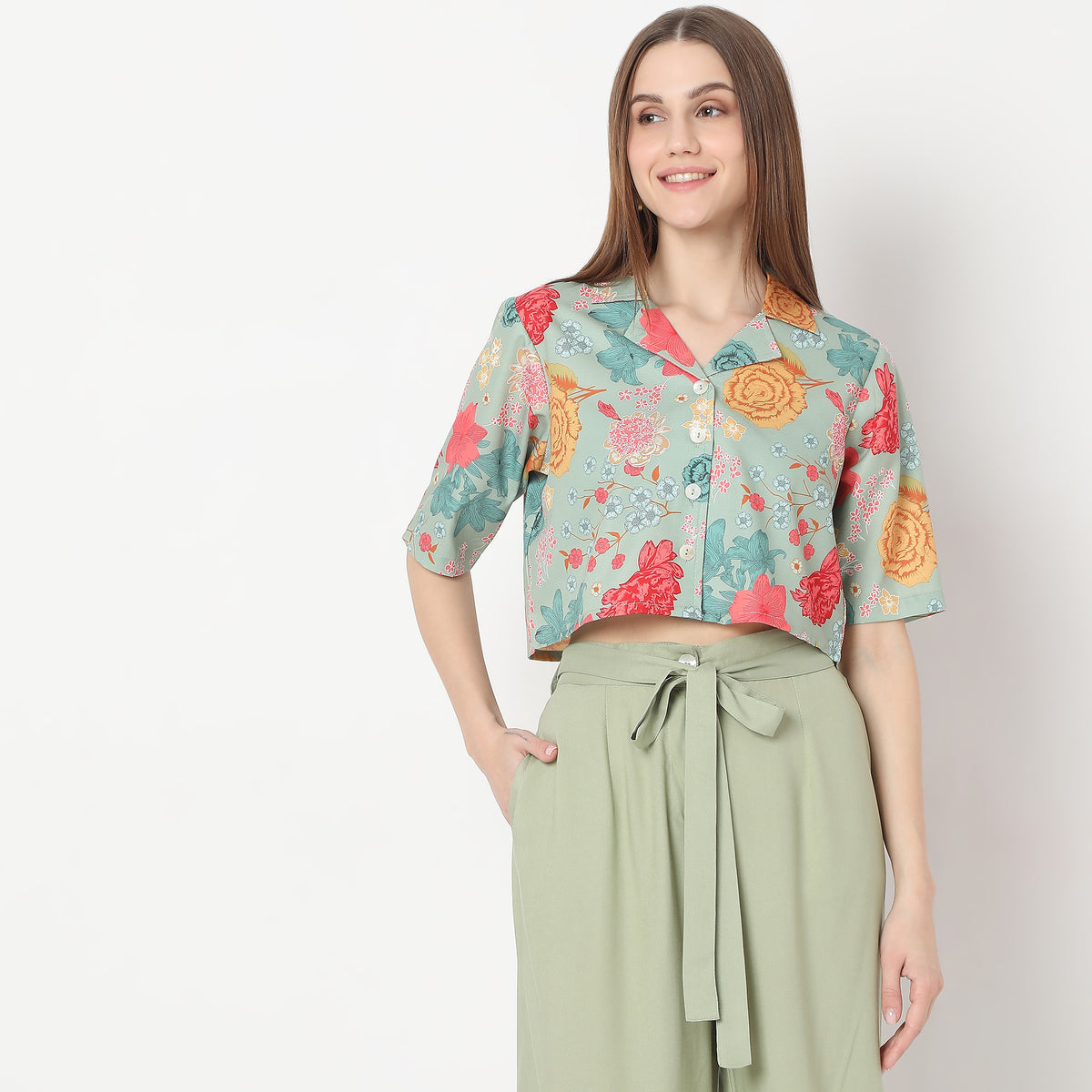 Floral Print Camp Collar Abstract Crop Top