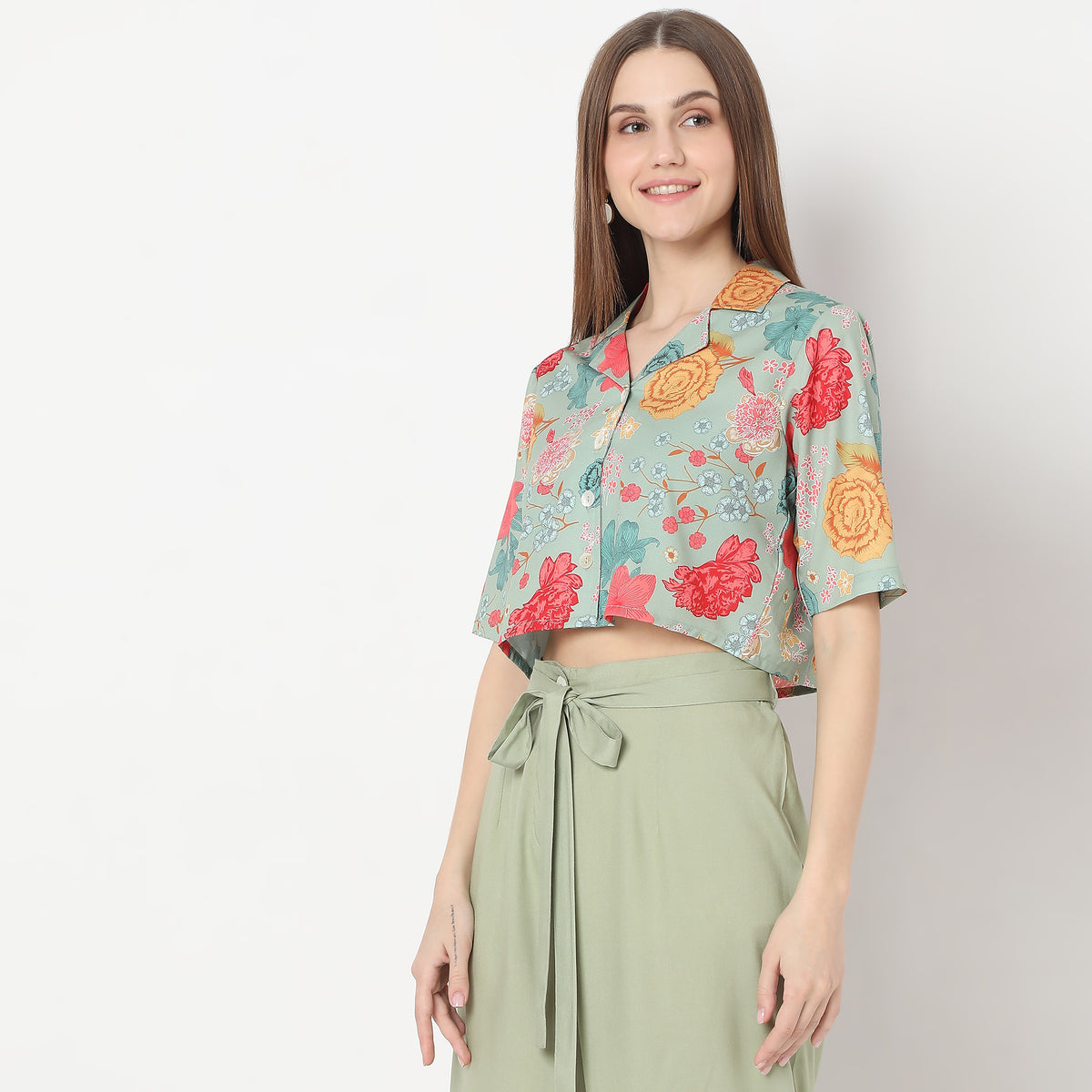 Floral Print Camp Collar Abstract Crop Top