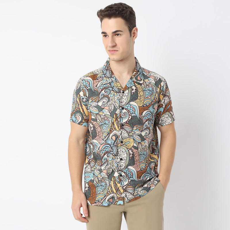 Relaxed Fit Printed Camp Collar Retreat Shirt