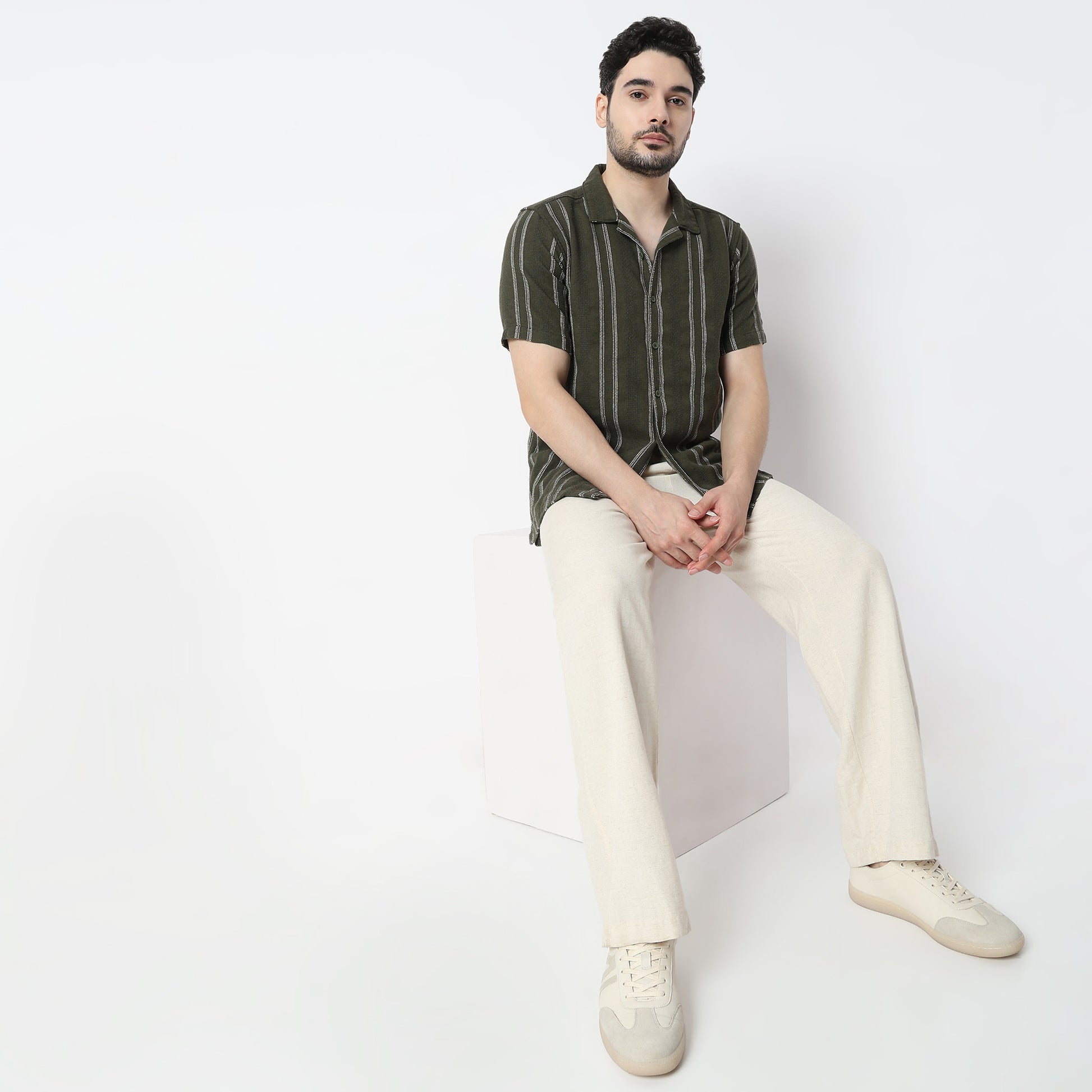 Regular Fit Striped Camp Collar Shirt