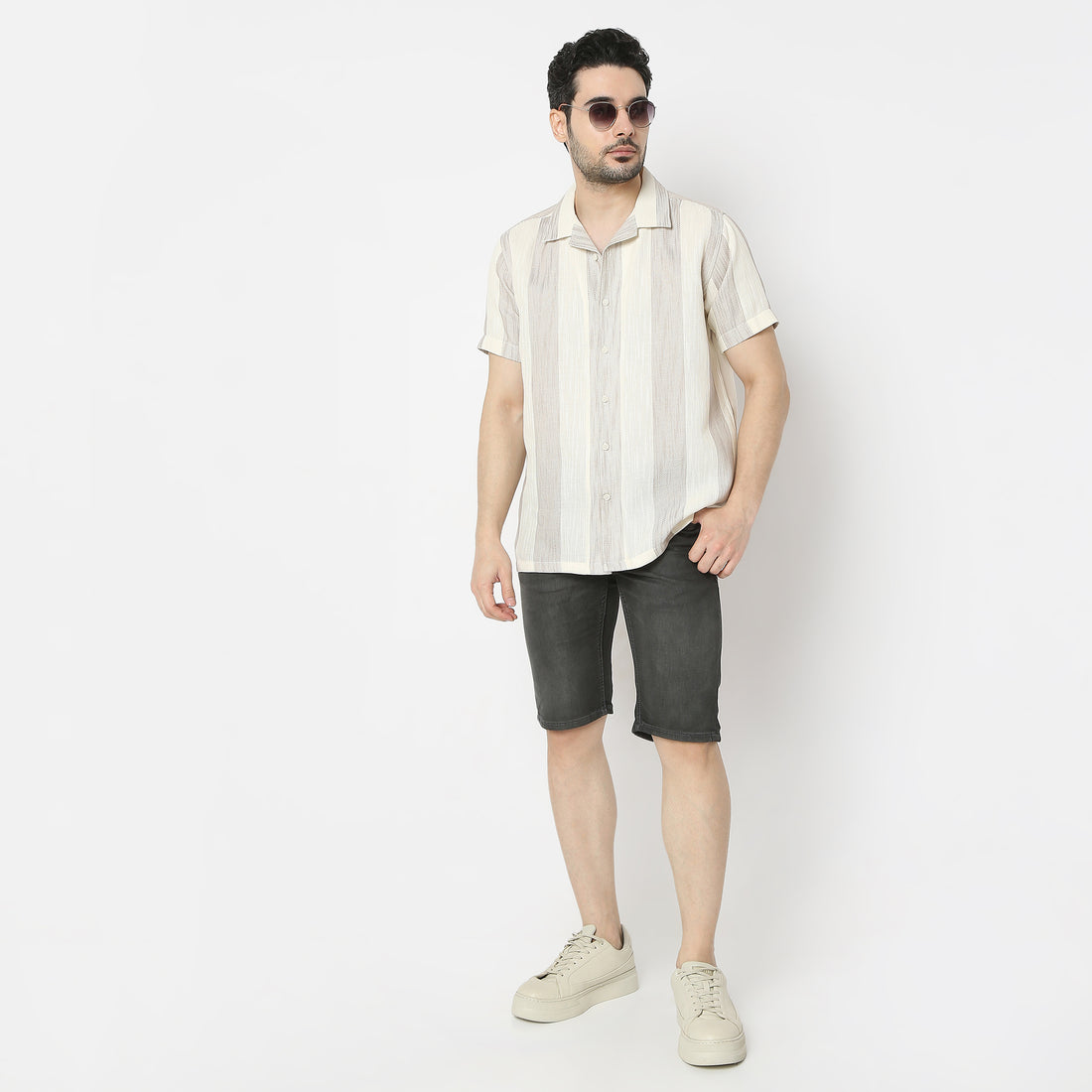 Regular Fit Striped Camp Collar Regular Length Shirt