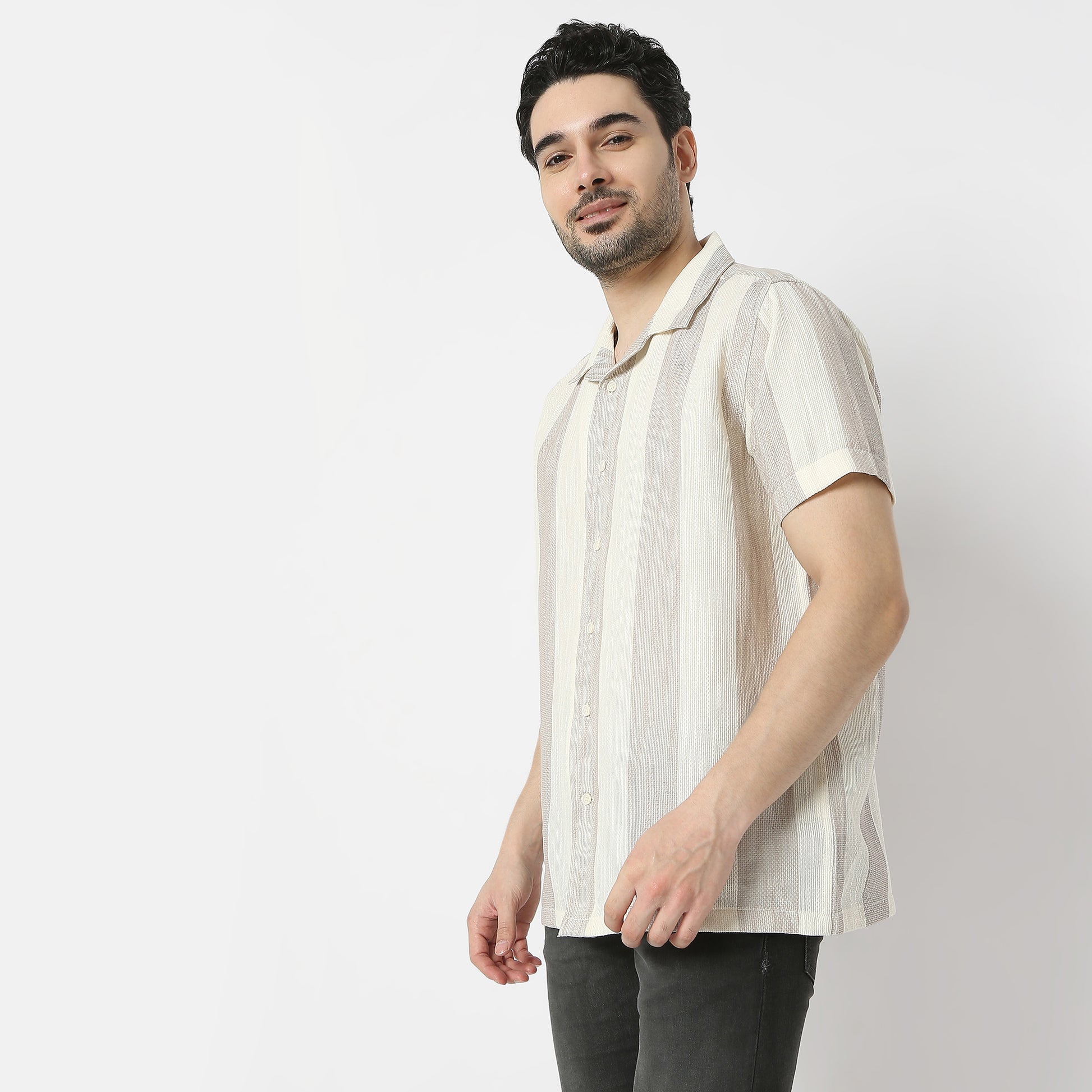 Regular Fit Striped Camp Collar Regular Length Shirt