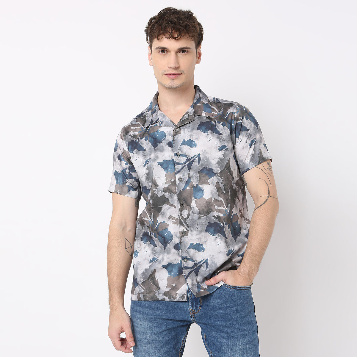 Printed Modern Smart Celebration Camp Collar Half Sleeve Shirt